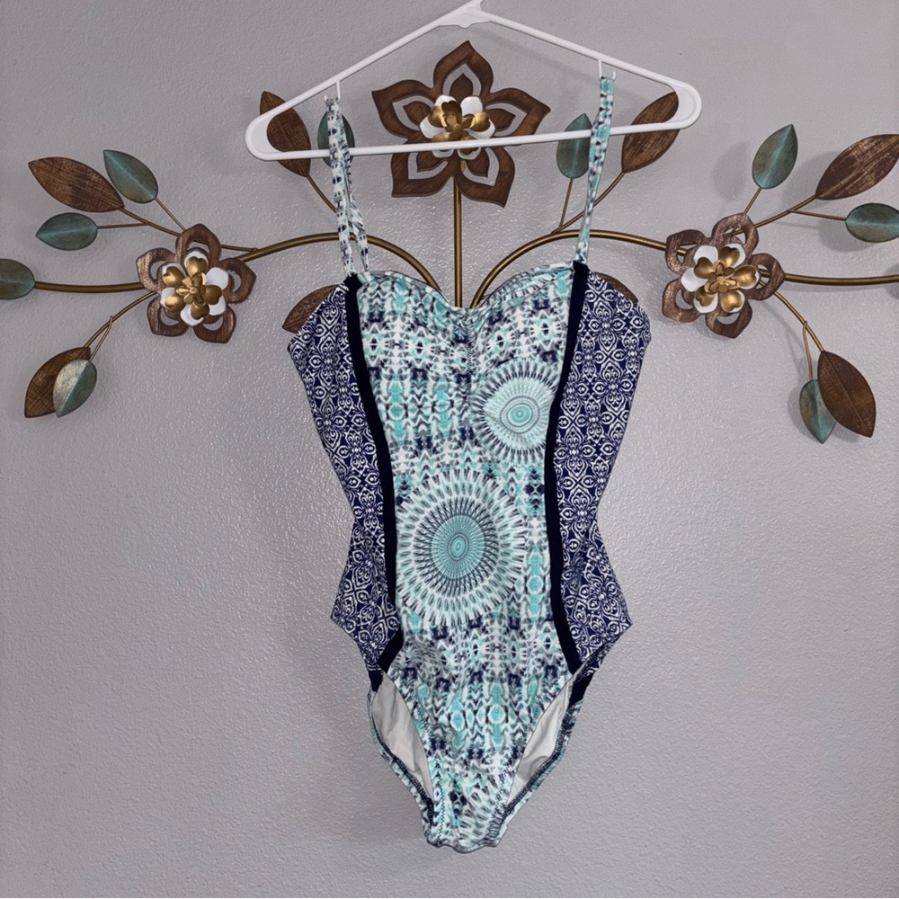 Helen Jon Tie Back One-Piece Swimsuit Geometric Blue Size Small